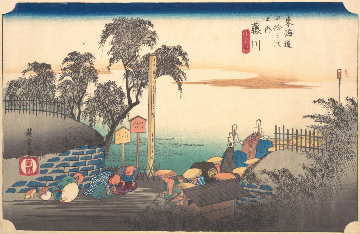Station Achtendertig: Fujikawa, Scène aan de Grens, uit de Drieënvijftig Stations, ca. 1833-34 door Ando Hiroshige