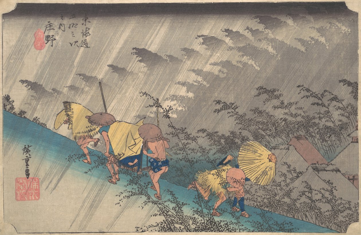 Plotselinge regenbui bij Shono, uit de serie Drieënvijftig stations van de Tokaido, 1834-35 door Ando Hiroshige
