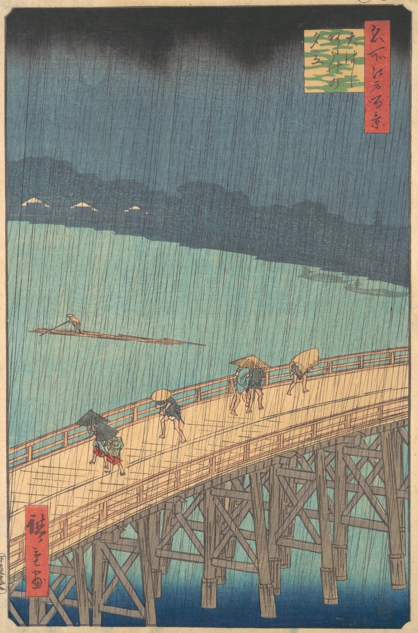 Plotselinge bui over Shin-Ohashi-brug en Atake Ohashi Atake no yudachi, uit de serie..., 1857 door Ando Hiroshige