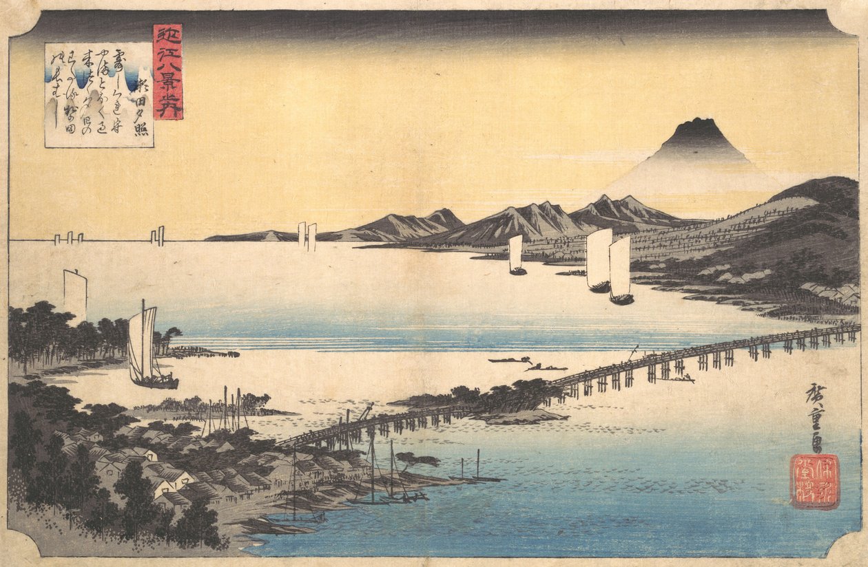 Zonsondergangsgloed bij Seta Seta sekisho, uit de serie Acht Uitzichten van de Omi Provincie, 1834-35 door Ando Hiroshige