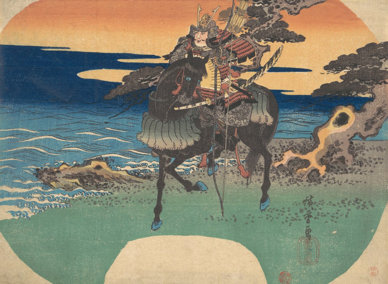 Krijger die op een zwart paard langs de kust rijdt door Ando Hiroshige