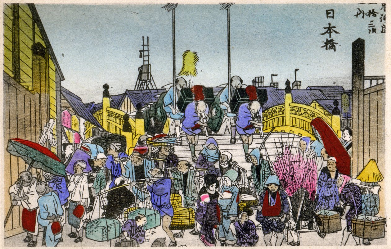 Geografie. Japan. De ochtendgloed bij de Nihonbashi (1e station). Houtsnede door Hiroshige in: Drieënvijftig stations van de Tokaido (1833-1834). Ansichtkaart, Japan, c.1900 door Ando or Utagawa (after) Hiroshige