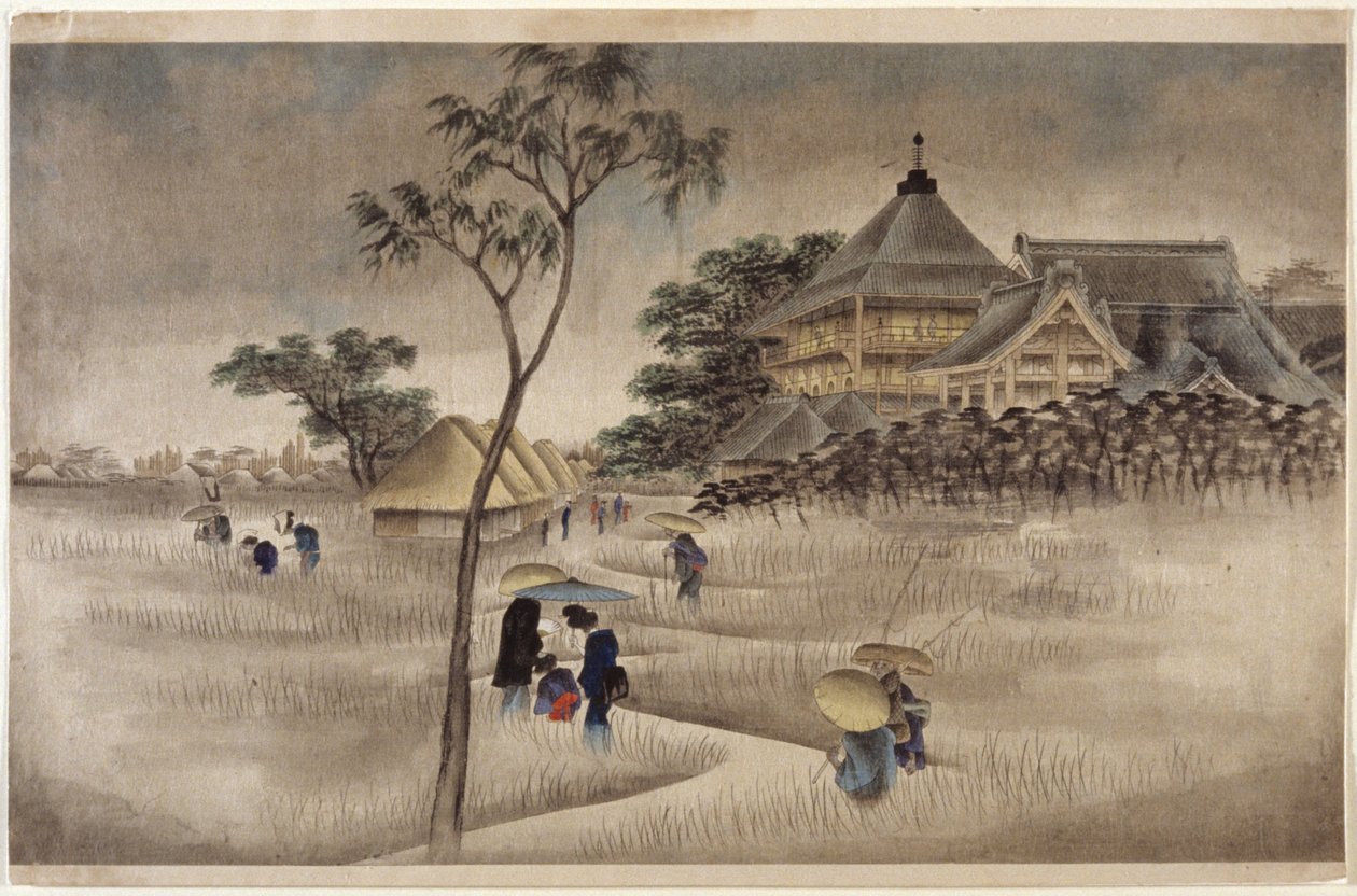 (Groot Gebouw met Hutten Eronder) door Ando or Utagawa Hiroshige