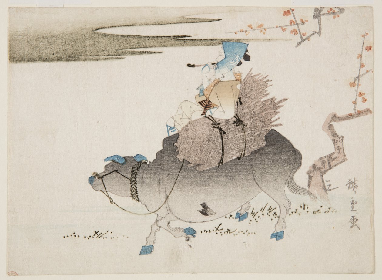 Veehouder en een koe door Ando or Utagawa Hiroshige