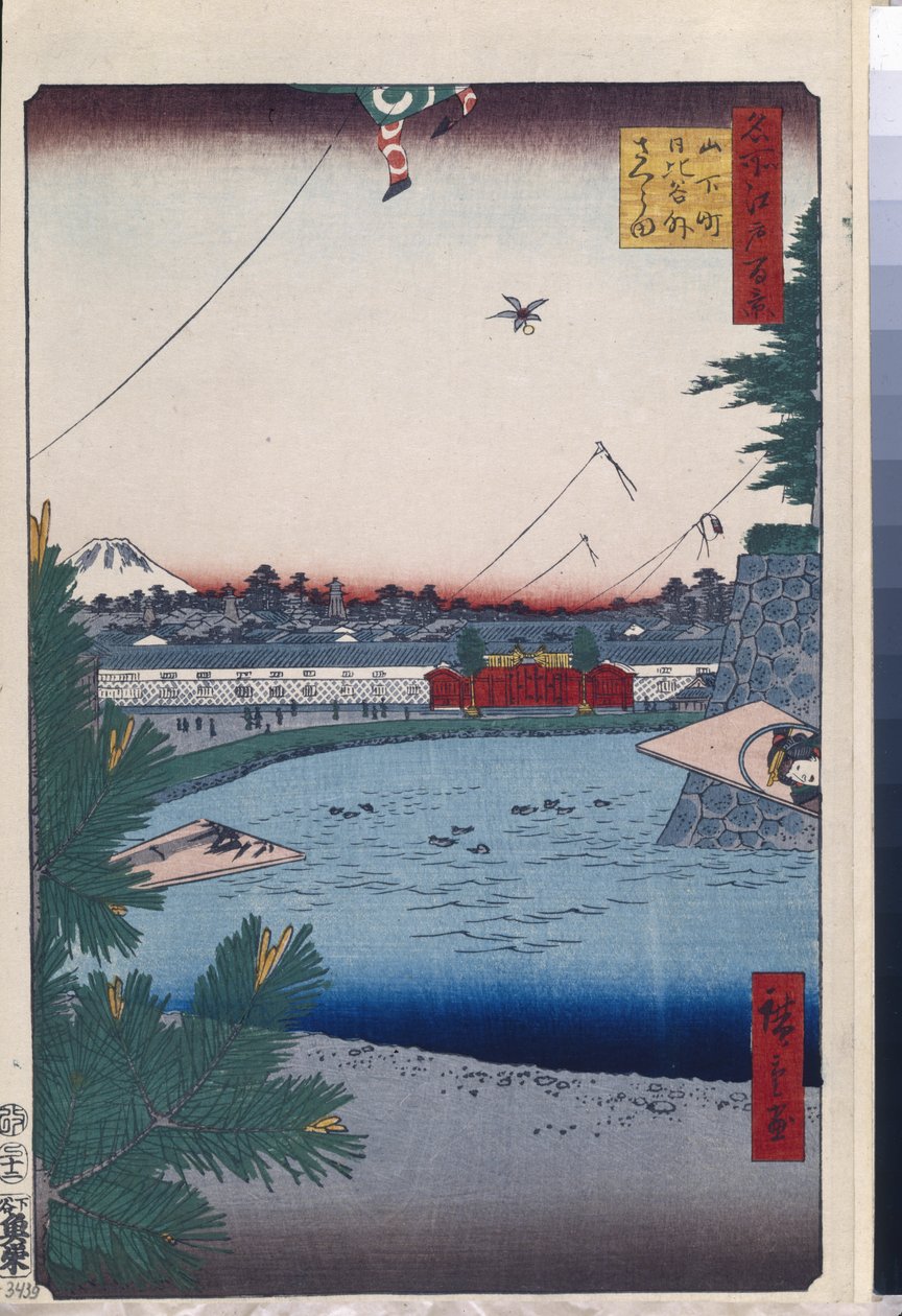 Honderd beroemde uitzichten van Edo: Hibiya en Soto-Sakurada vanuit Yamashita-cho door Ando or Utagawa Hiroshige