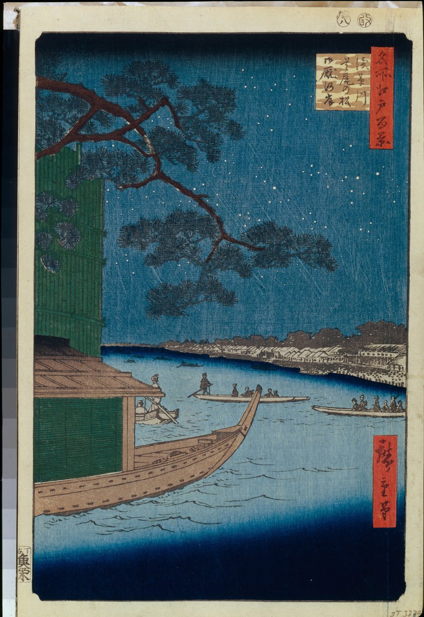 Honderd beroemde uitzichten van Edo: De "Pine of Success" en Oumayagashi aan de Asakusa-rivier door Ando or Utagawa Hiroshige