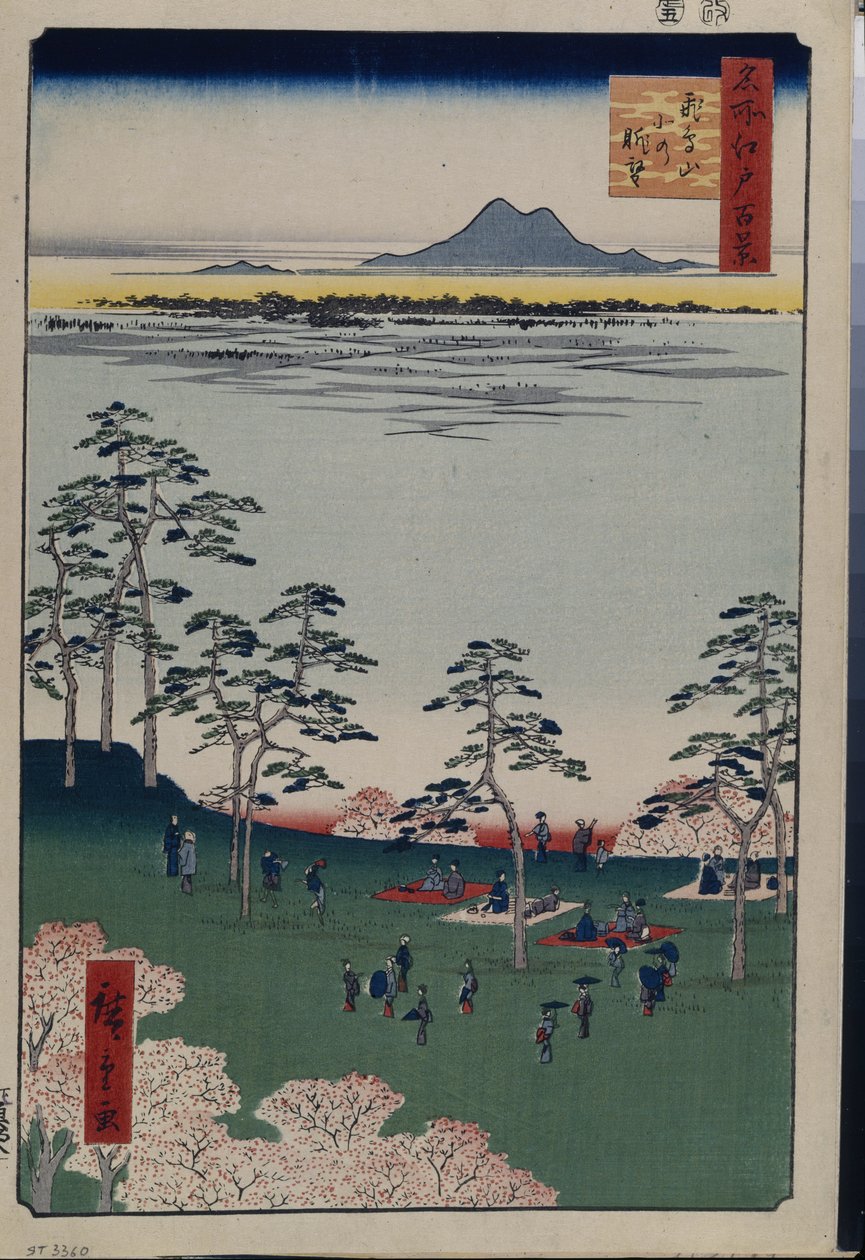 Honderd beroemde uitzichten van Edo: Uitzicht naar het noorden vanaf Asukayama door Ando or Utagawa Hiroshige