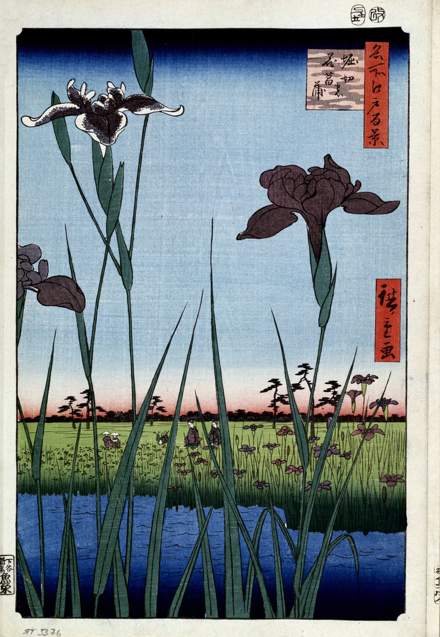 Honderd beroemde uitzichten van Edo: irissen in Horikiri door Ando or Utagawa Hiroshige