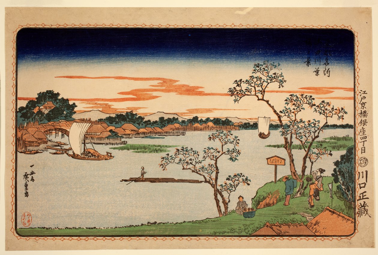 Kersenbomen in blad naast de Sumida-rivier, uit de serie Beroemde plaatsen in de oostelijke hoofdstad, ca. 1831 (kleur houtsnede) door Ando or Utagawa Hiroshige