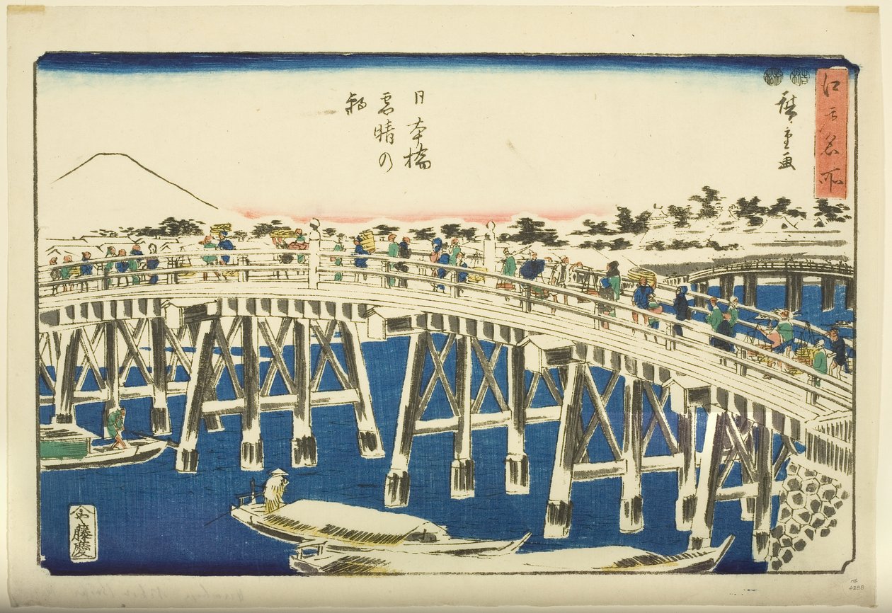 Heldere ochtend na sneeuw bij Nihonbashi Brug (Nihonbashi yukibare no asa) door Ando or Utagawa Hiroshige