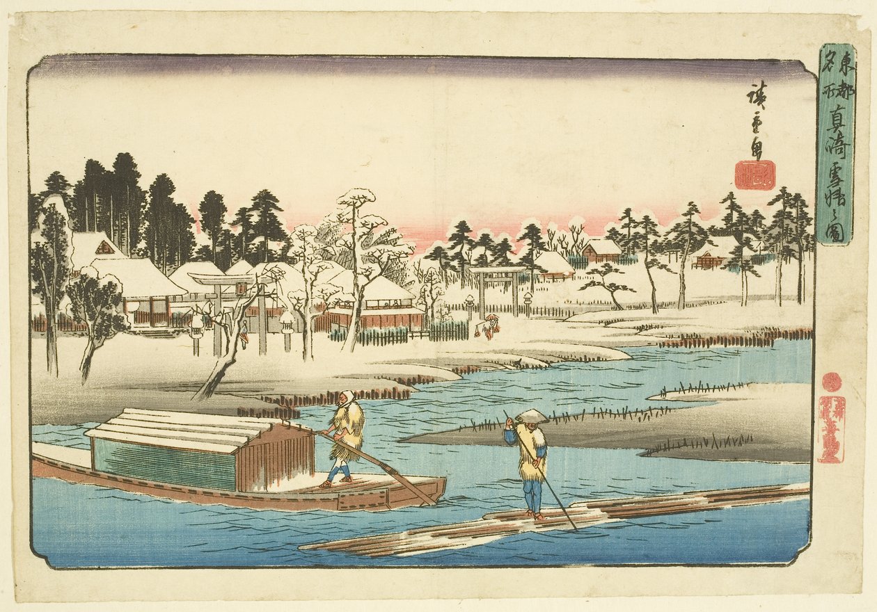 Helder weer na sneeuw in Massaki door Ando or Utagawa Hiroshige
