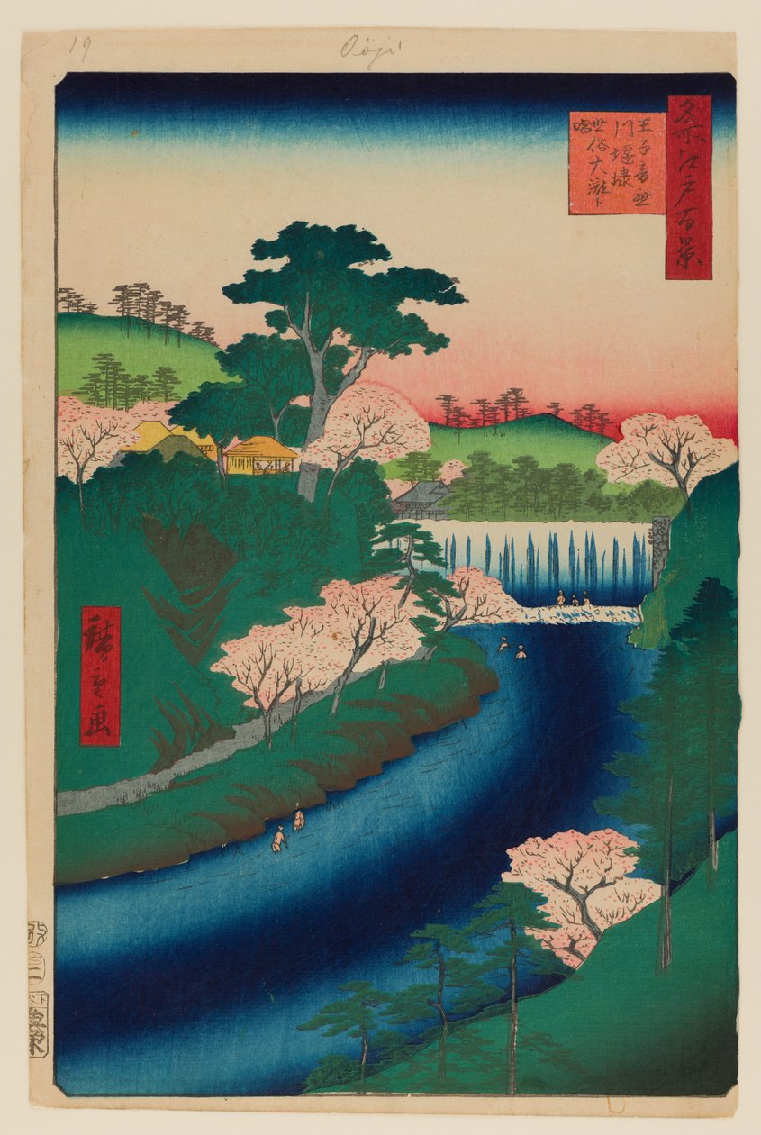 Dam op de Otonashi-rivier bij Oji door Ando or Utagawa Hiroshige