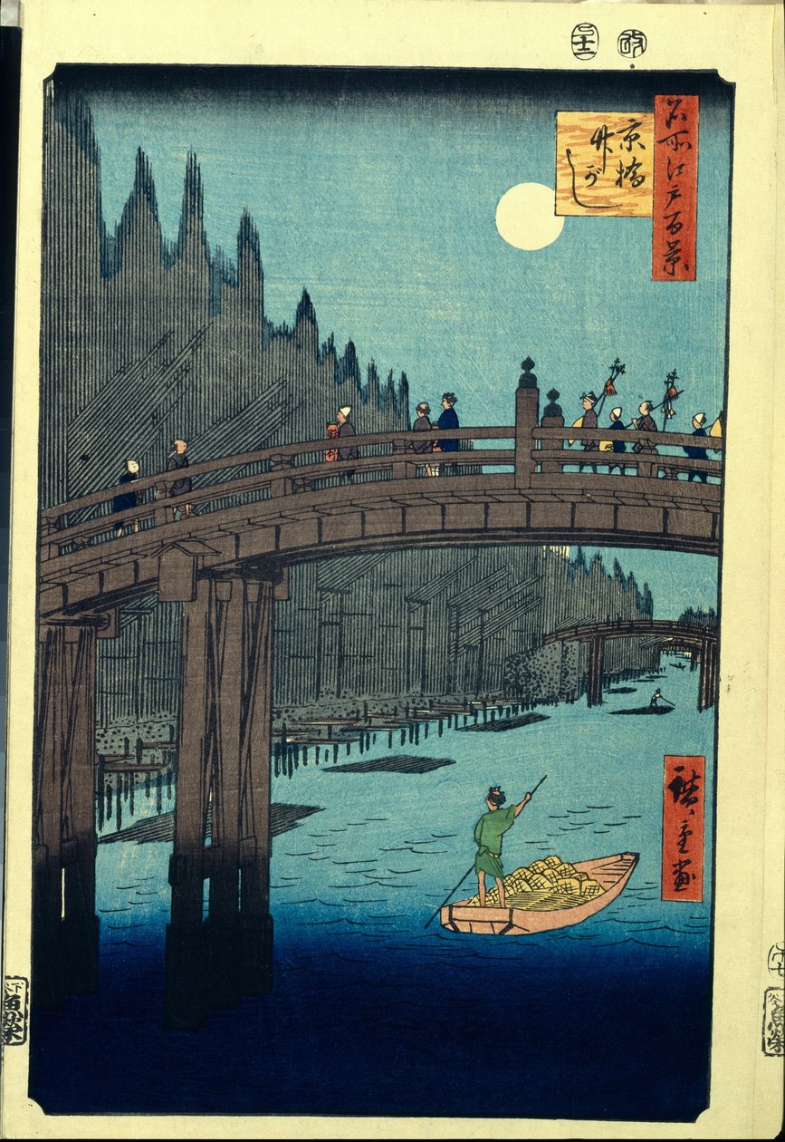 Japanse prent: De bamboekade bij de Kyobashi-brug (Tokio, Japan). Serie honderd beroemde uitzichten van Edo door Ando or Utagawa Hiroshige