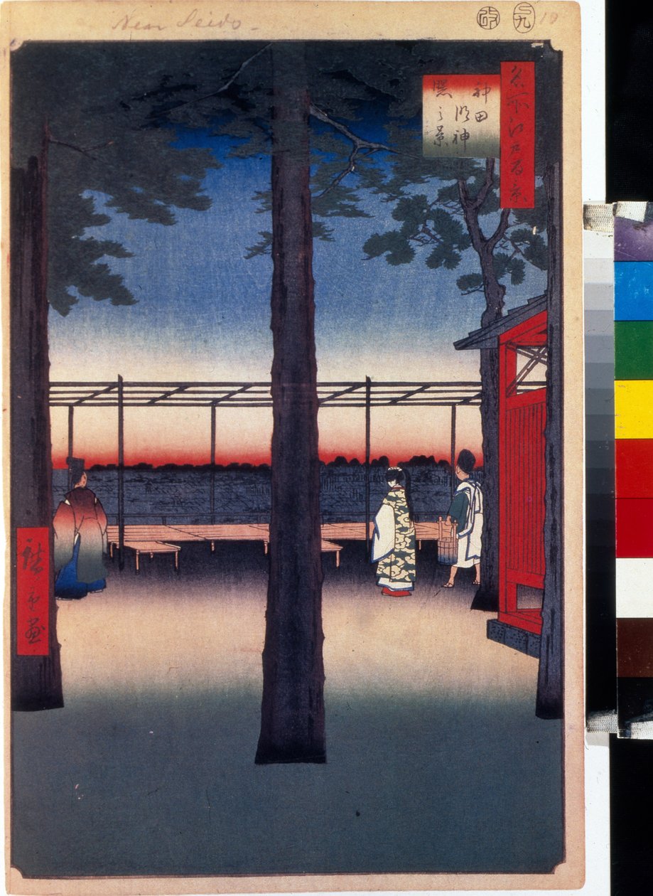 Japanse prent: de dageraad bij de Kanda Myojin-tempel (Tokio, Japan). Serie honderd beroemde uitzichten van Edo. Werk van Utagawa Hiroshige (1797-1858), houtsnede (39x26 cm) door Ando or Utagawa Hiroshige
