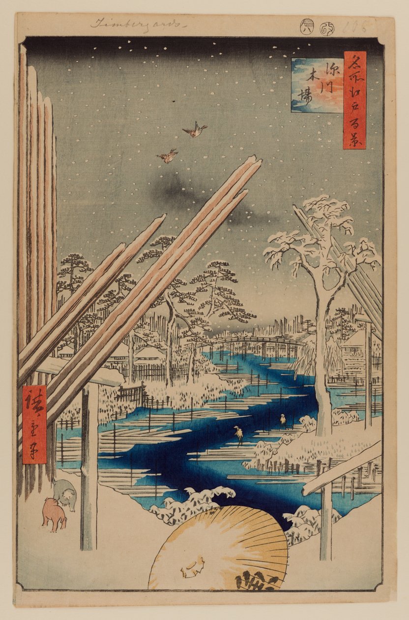 Fukagawa Houthandel door Ando or Utagawa Hiroshige