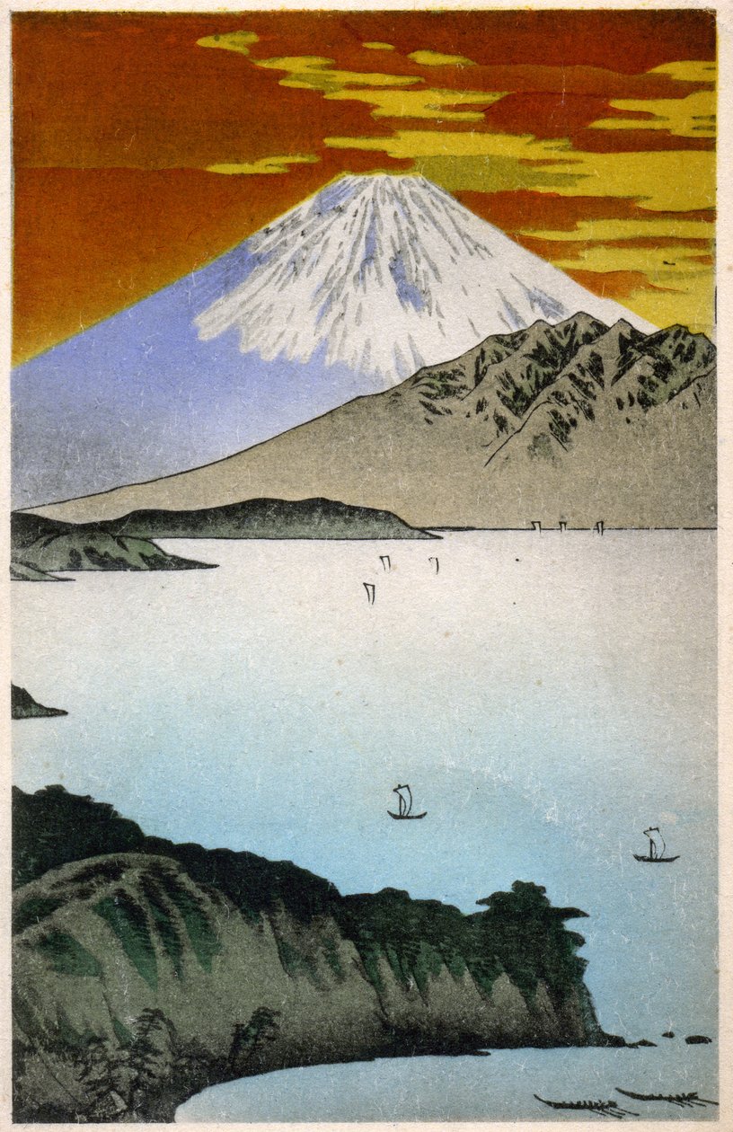 Geografie. Japan. Zonsopgang op de berg Fuji. Houtsnede door Hiroshige in: Drieënvijftig stations van de Tokaido (1833-1834). Ansichtkaart, Japan, ca. 1900 door Ando or Utagawa Hiroshige