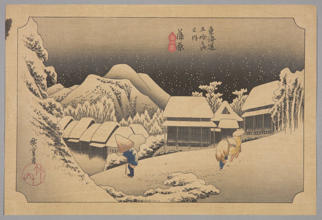 Kanbara: Nacht sneeuw (kleur houtsnede) door Ando or Utagawa Hiroshige