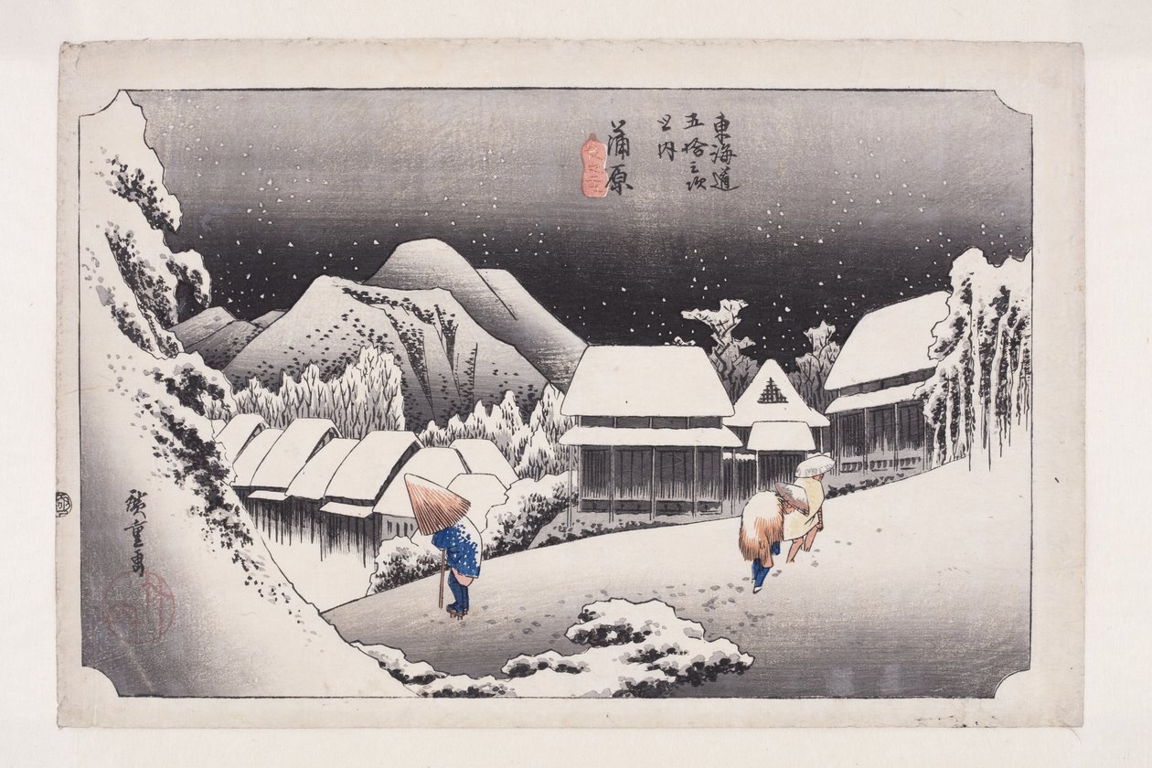 Kanbara: Nacht sneeuw (kleur houtsnede) door Ando or Utagawa Hiroshige