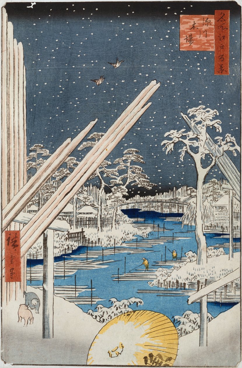 Houthandel in Fukagawa, uit de serie "Honderd uitzichten op beroemde plaatsen in Edo" door Ando or Utagawa Hiroshige