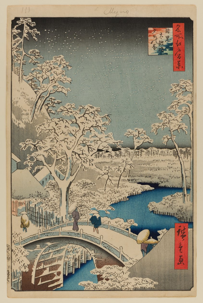 Meguro Trommelbrug en Zonsondergangheuvel door Ando or Utagawa Hiroshige