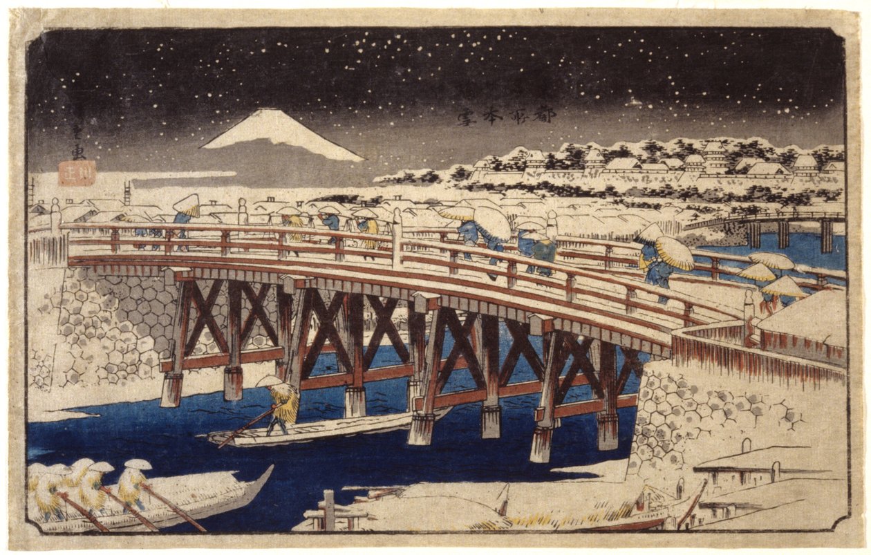 Nihonbashi in de sneeuw door Ando or Utagawa Hiroshige