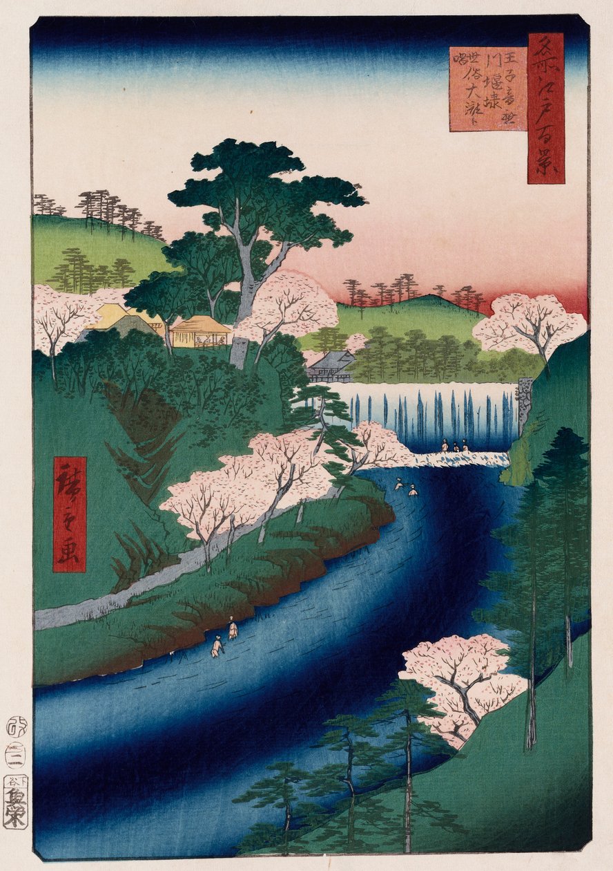 Otonashi-rivierdam, Oji, in de volksmond Grote Waterval genoemd, uit de serie Honderd uitzichten van beroemde plaatsen in Edo door Ando or Utagawa Hiroshige