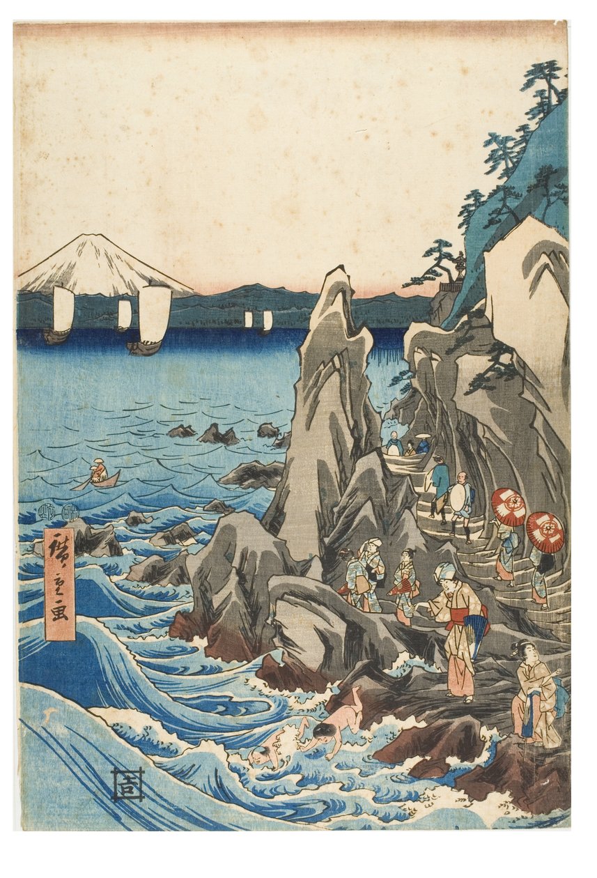 Bedevaart naar de tentoonstelling van het Benzaiten beeld in het hoofdheiligdom van Iwaya in Enoshima in de provincie Sagami, ca. 1847-1852 door Ando or Utagawa Hiroshige