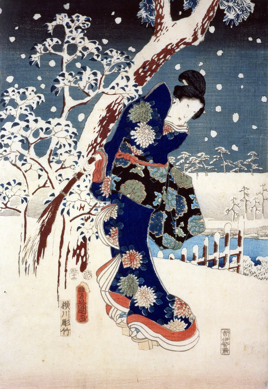 Sneeuwscène in de Tuin van een Daimyo, deel van Drieluik door Ando or Utagawa Hiroshige