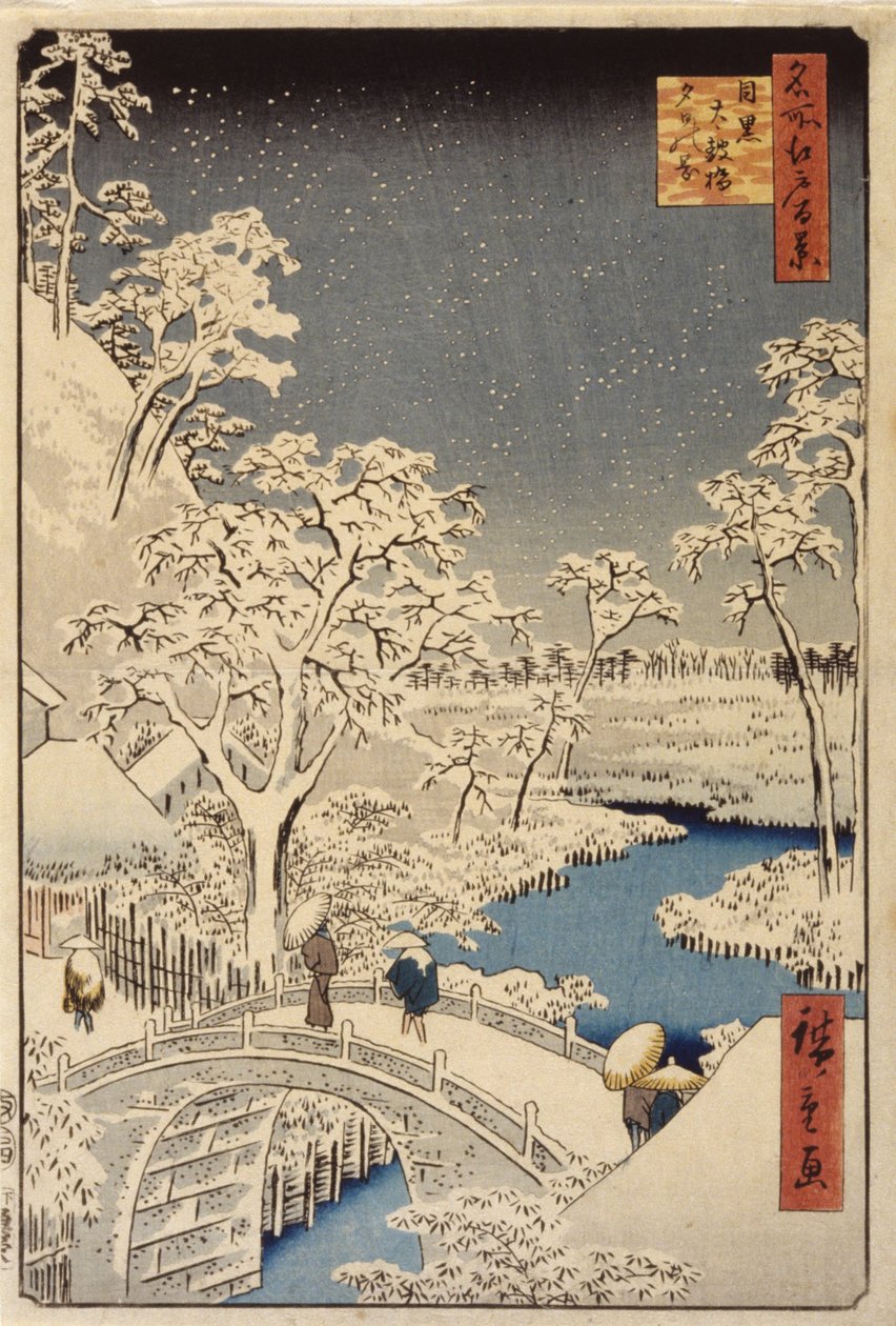 Taiko-brug en zonsondergangheuvel in Meguro door Ando or Utagawa Hiroshige