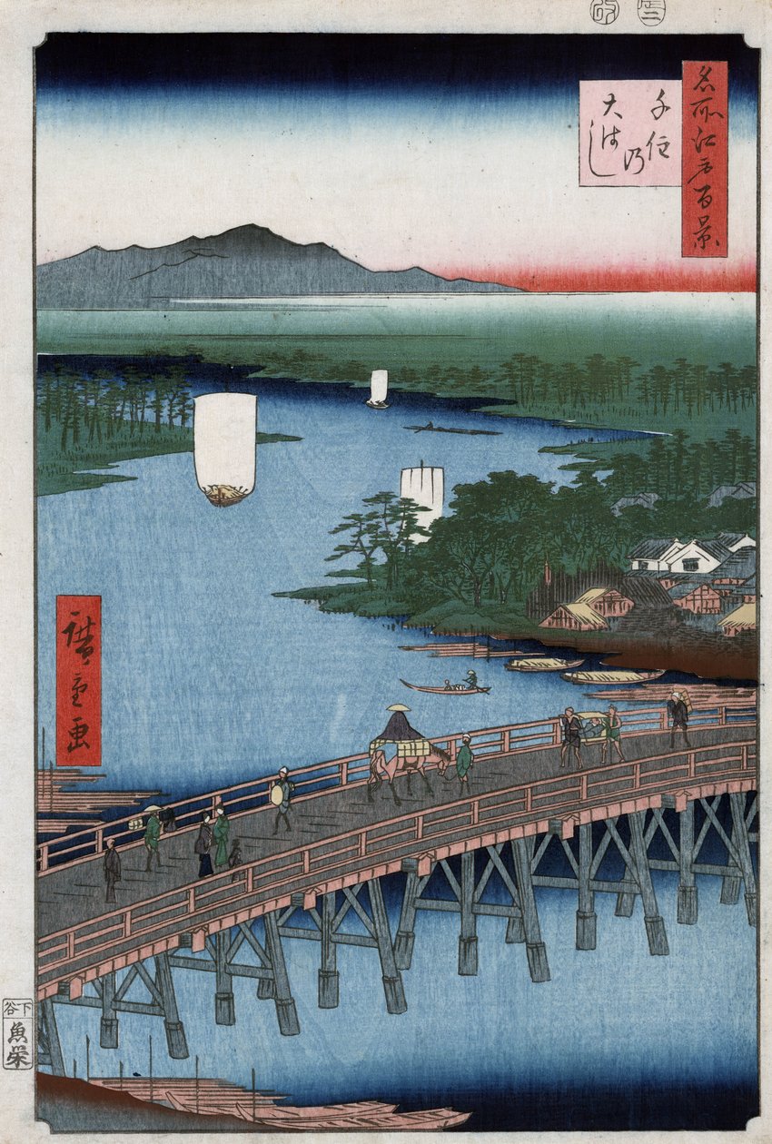 De grote brug van Senju over de Sumida-rivier, met bergen op de achtergrond, houtsnede door Ando Hiroshige door Ando or Utagawa Hiroshige
