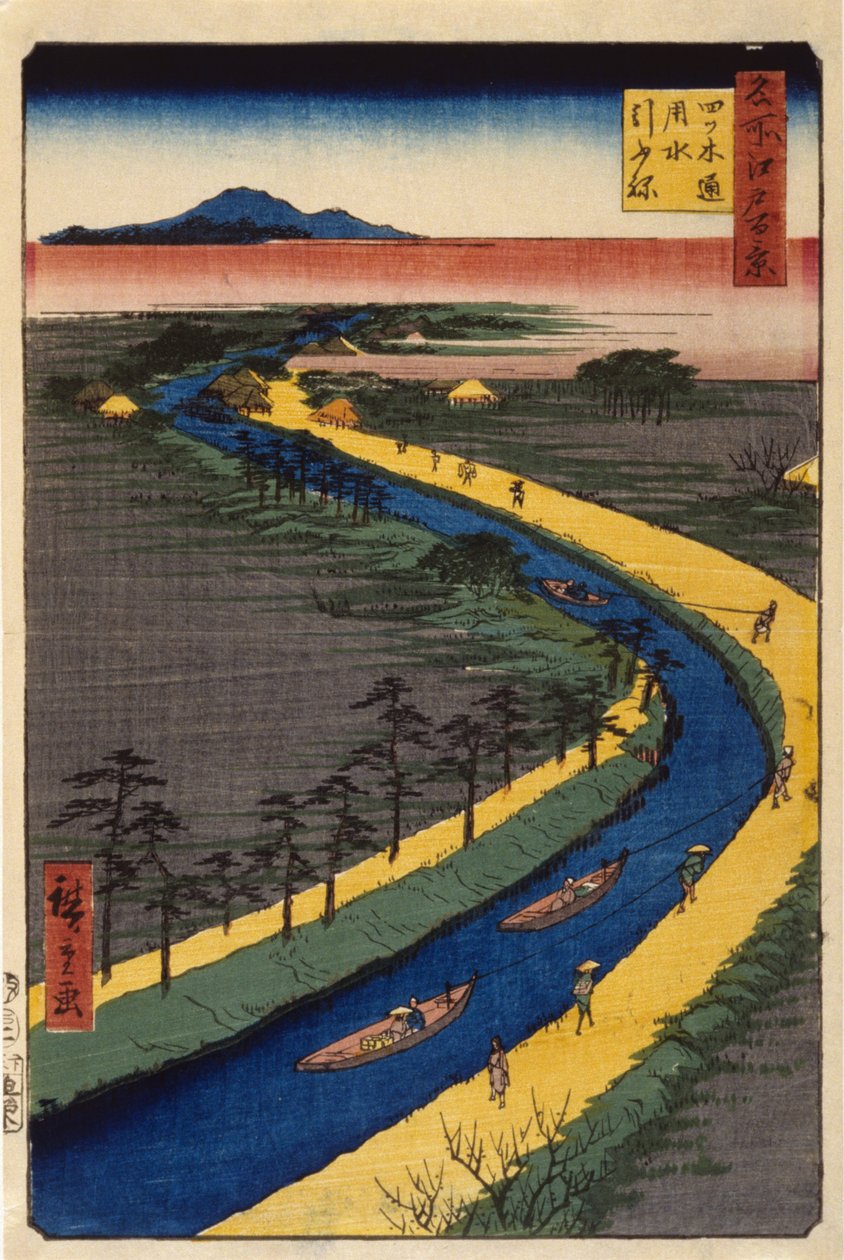 Sleepboten op het Yotsugidōri-kanaal door Ando or Utagawa Hiroshige