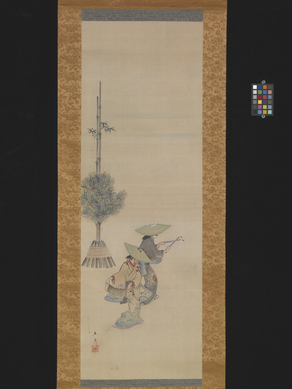 Twee vrouwen met hoeden dansen door Ando or Utagawa Hiroshige