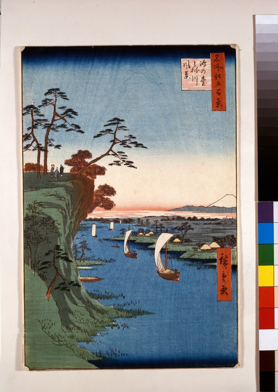 Uitzicht op Konodai en de rivier de Tone door Ando or Utagawa Hiroshige