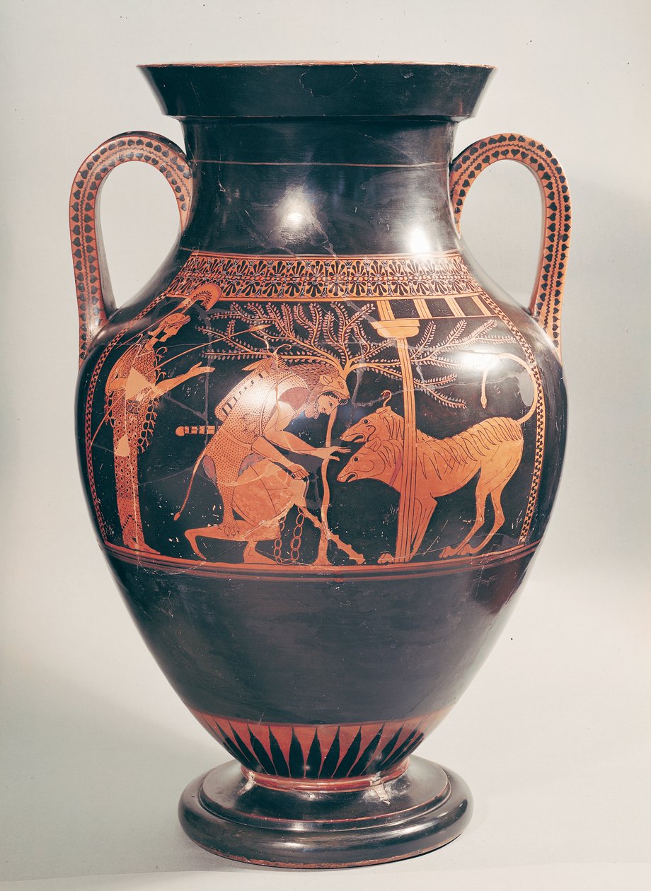 Attische roodfigurige buikamfoor met Herakles die Kerberus vangt, Grieks, uit Athene, 6e eeuw v.Chr. door Andokides Painter