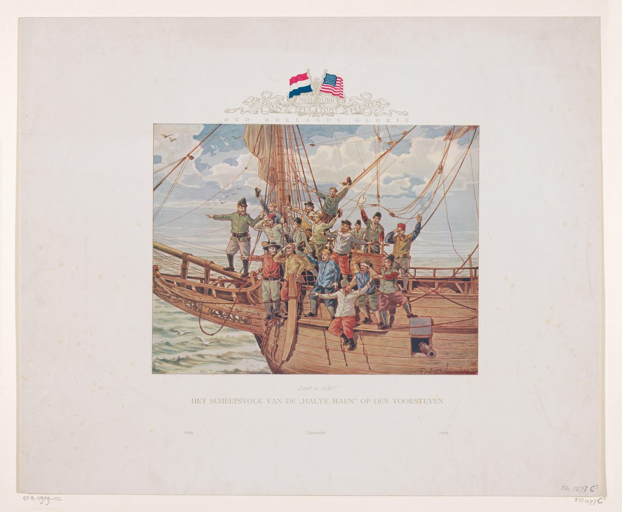 Het schip van Henry Hudson, de Halve Maen, nadert de Noord-Amerikaanse kust, 1609 door André Vlaanderen