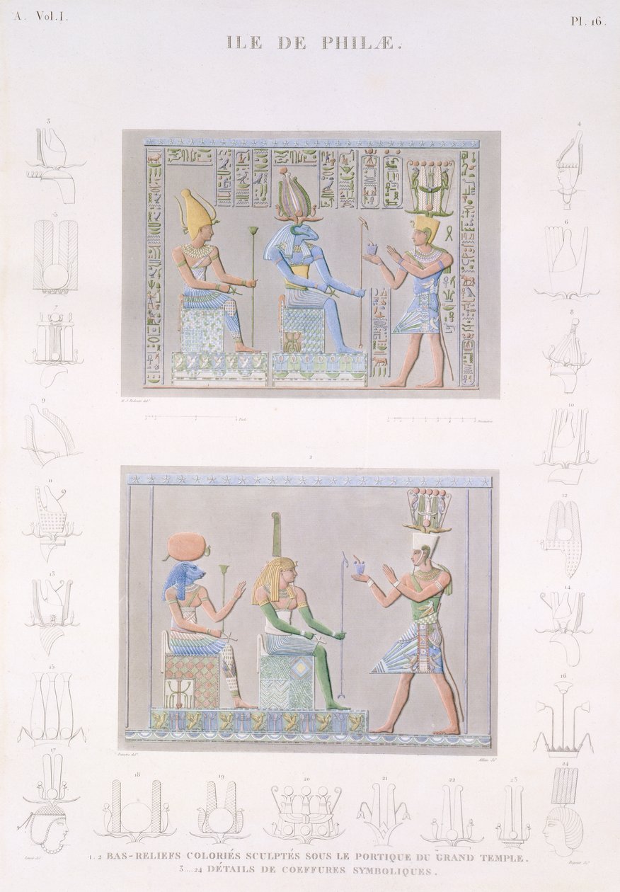 Gekleurde bas-reliëfs gebeeldhouwd op het portiek van de Grote Tempel met details van de symbolen, het Eiland Philae, plaat 16 uit Vol I van 