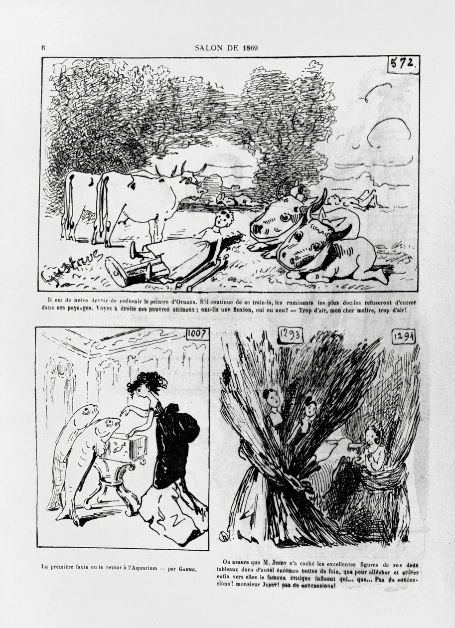 Karikaturen van het werk van de Franse kunstenaars, Courbet, Gaume en Jundt, uit het tijdschrift 