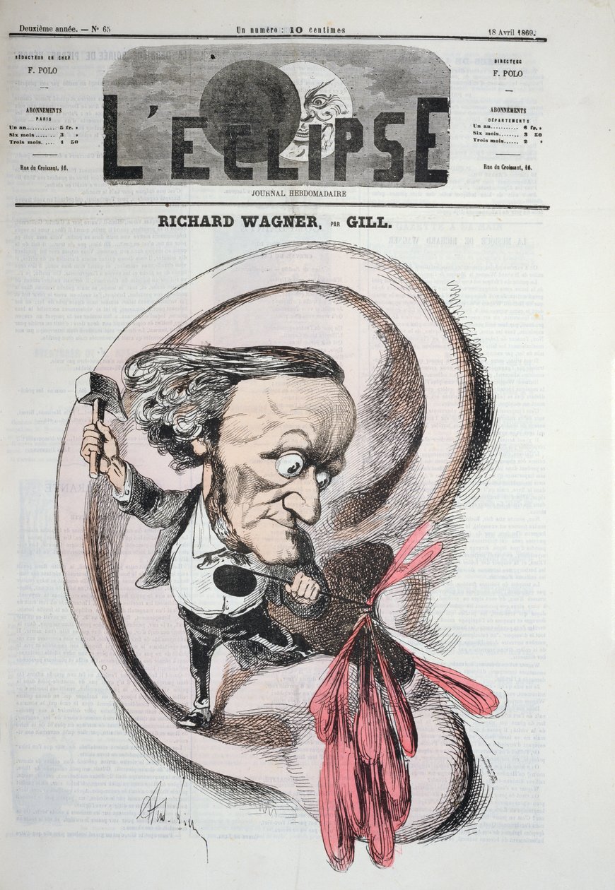 Richard Wagner die een trommelvlies doorboort, 1869 door Andre Gill