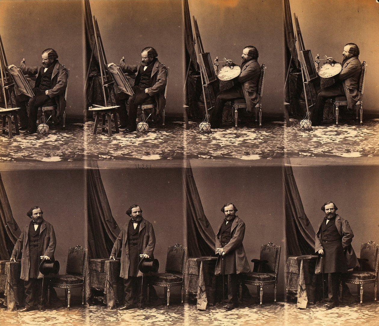 Portret van de schilder Lepualle: blad met zes ongesneden cartes de visite (zw/w foto) door Andre Adolphe Eugene Disderi