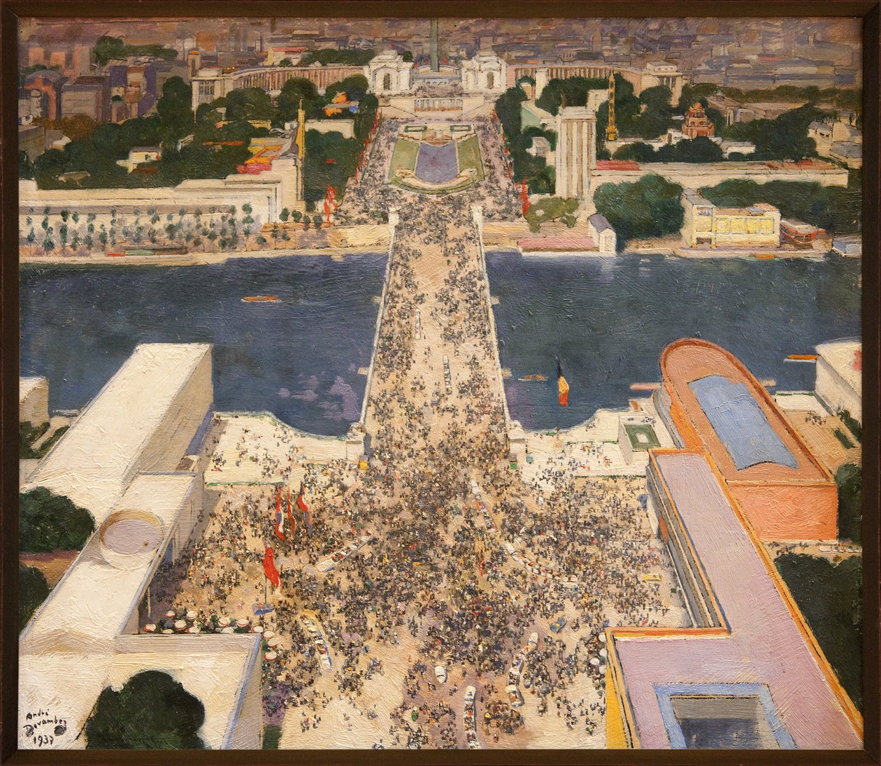 De internationale tentoonstelling van 1937 gezien vanaf de tweede verdieping van de Eiffeltoren, Aan de voet van de heuvel van Chaillot staan de paviljoens van de Sovjet-Unie links en nazi-Duitsland rechts tegenover elkaar, Schilderij van Andre Devambez (1 door Andre Devambez