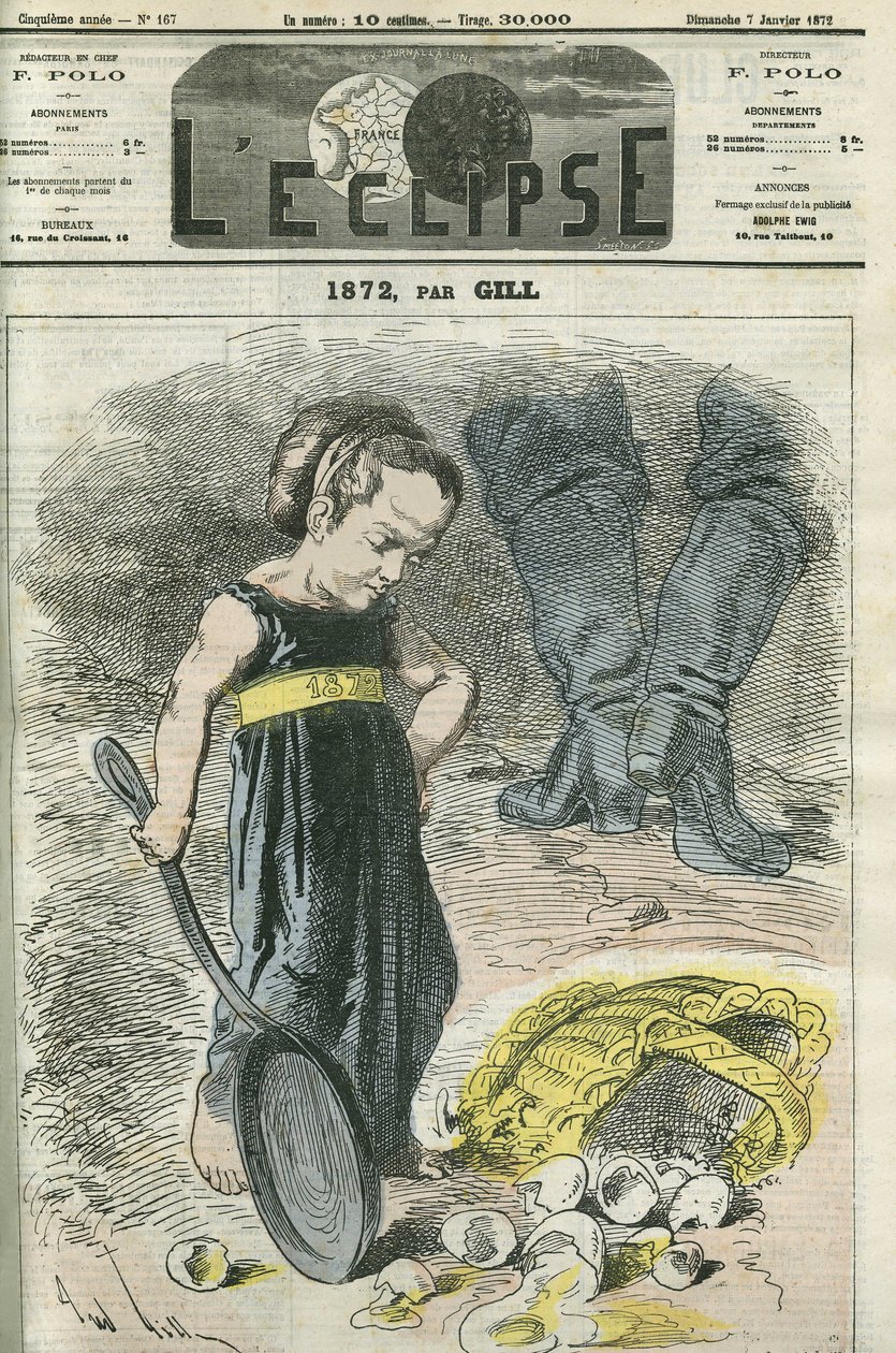 1872, een klein meisje kijkt naar haar mand met scheuren. Omslag in 