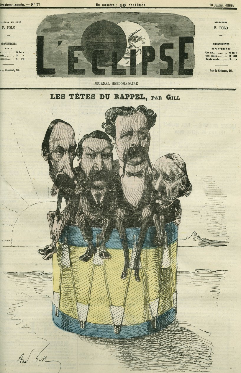 Auguste Vacquerie (1819-1895), Victor Hugo (1802-1885), Charles Hugo (1826-1871), en Paul Meurice (1818-1905), Franse letterkundigen door Andre Gill