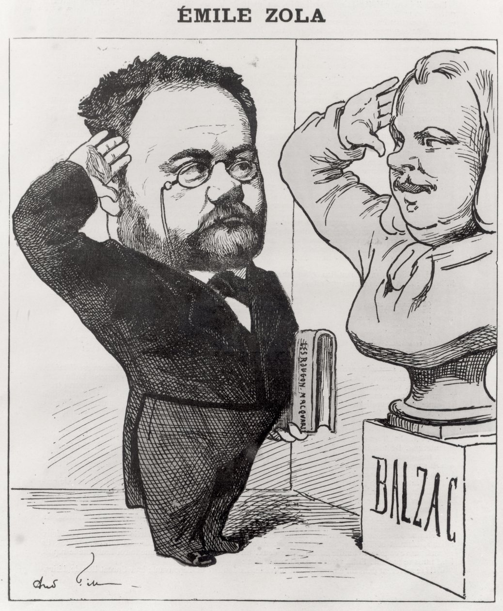 Karikatuur van Emile Zola die een buste van Honore de Balzac groet, 1878 door Andre Gill
