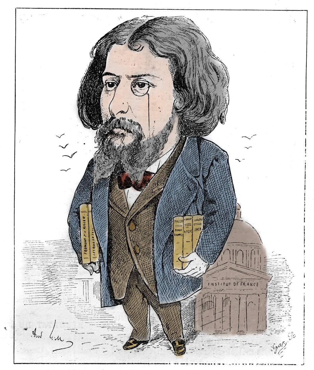 Cartoon door Alphonse Daudet (1840-1897), een Franse schrijver, afgebeeld met zijn boeken en zijn monocle voor het Institut de France in Parijs. Tekening door Andre Gill. Gravure in 
