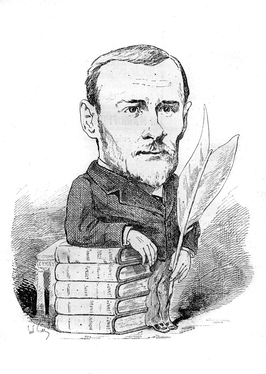 Cartoon door Georges Ohnet (1848-1918), een Franse schrijver, afgebeeld met zijn boeken en pen. Tekening door Andre Gill. Gravure in "Le Monde Illustré" door Andre Gill