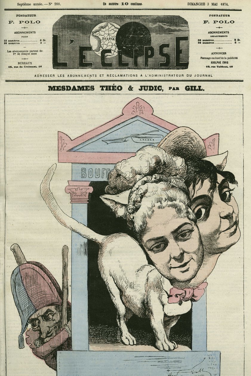 Cartoon van dames Louise Theo en Anna Judic, zangeressen in een toneelstuk van Jacques Offenbach (1819-1880), componist. Omslag in 