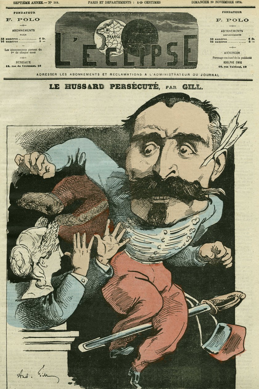 Cartoon de huzaar vervolgt (door Marianne die zijn neus doet), Monsieur de Saint-Genest. Omslag in L
