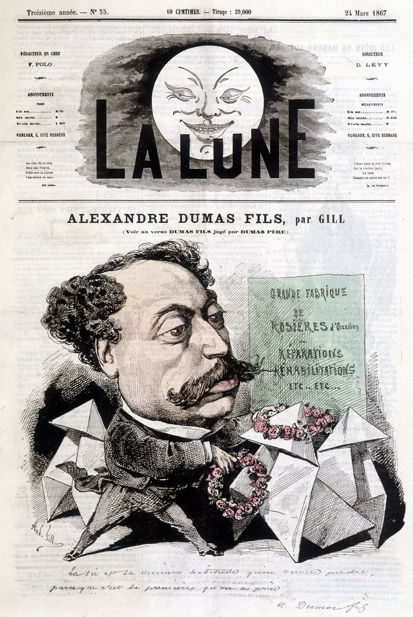 Striptekening over Alexandre Dumas Fils door Gill. Omslag 
