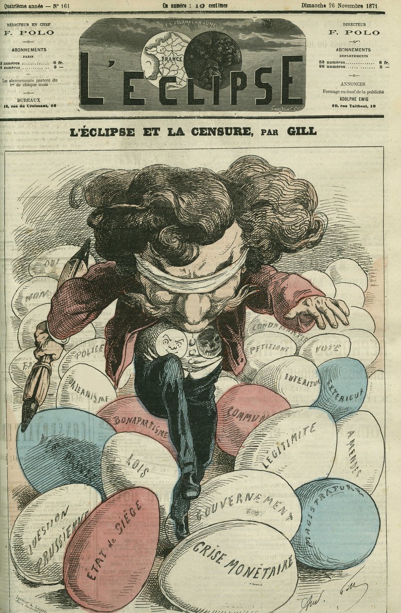 Eclips en censuur, een illustratie van Gill die op eieren loopt door Andre Gill