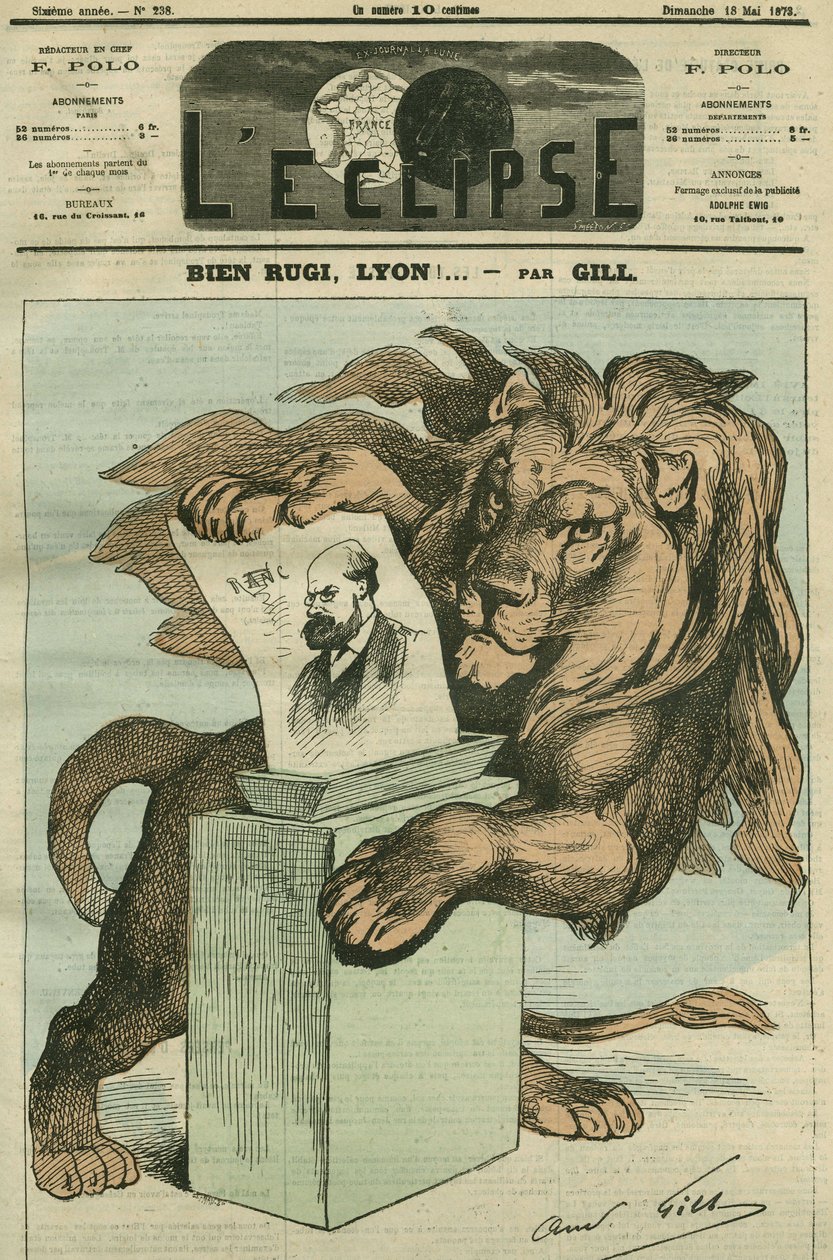 Goed rugi, Lyon! , cartoon voor de verkiezing van Arthur Ranc (1831-1908), afgevaardigde van de Rhone. Omslag in 
